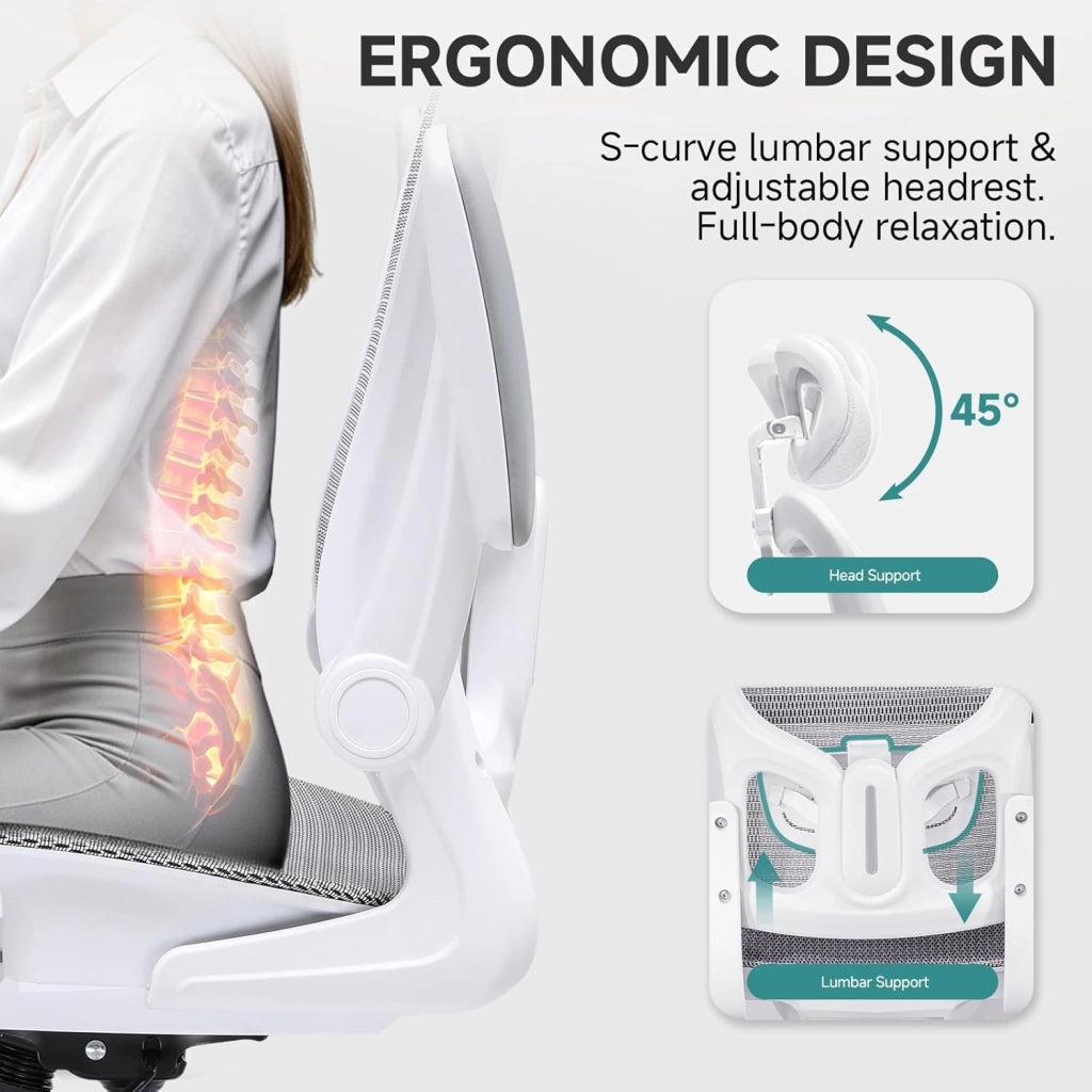 Sedia da ufficio, sedia da scrivania, ergonomica, in rete a doppio strato, traspirante, supporto lombare adattabile, poggiatesta regolabile, per home office, sedia girevole da 150 kg, bianco