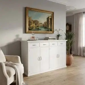 Credenza madia buffet mod Lia in legno Shabby chic bianco opaco con maniglie ponte cromate