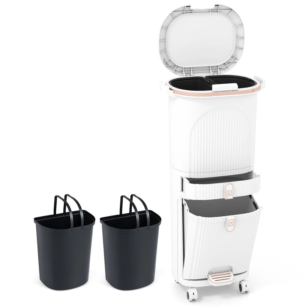 42 L（12+12+14+4 L） Pattumiera Differenziata, Secchio Spazzatura a 3 Scomparti con Cassetto e Coperchi, 2 Secchi Rimovibili Pedale e Ruote, Bidoni Differenziata per Bagno Cucina Ufficio