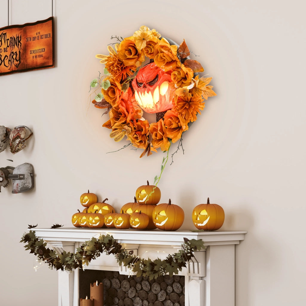 Corona Halloween ¨C zephmum ¨C Design Zucca Spaventosa, Foglie Autunnali, Luci, Plastica