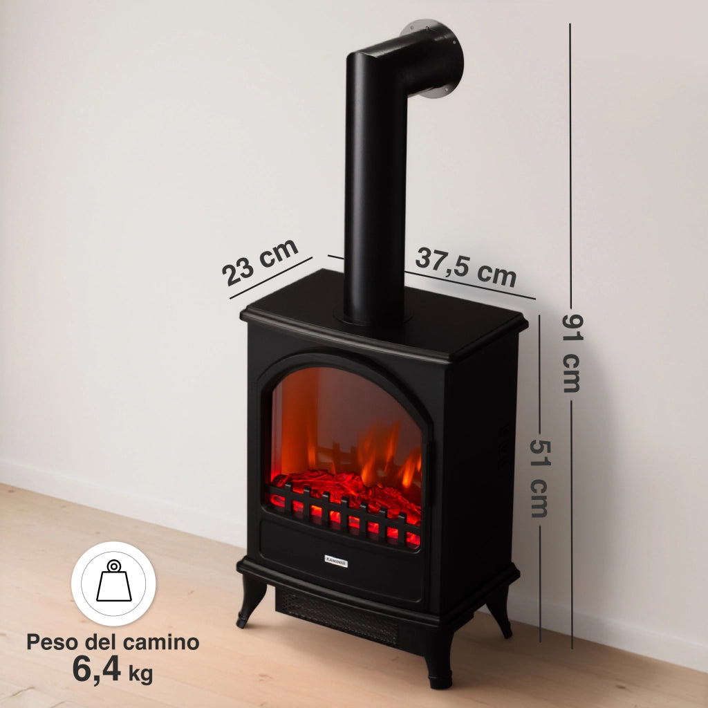 KAMINIO Camino elettrico LENI con tubo di scarico - Camino elettrico con riscaldamento, effetto fiamma 3D - Nero