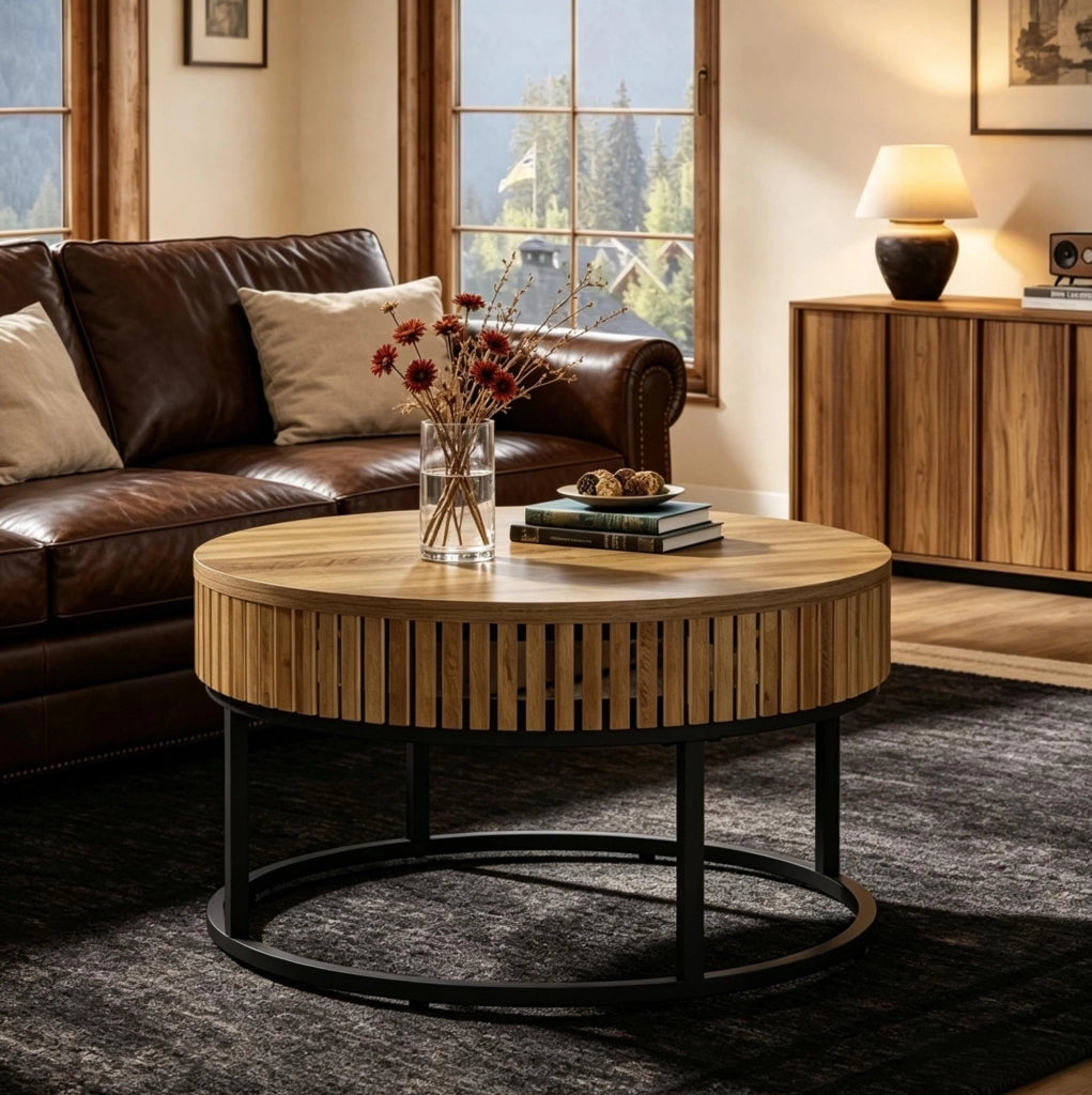 Tavolino da caffè rotondo Ø 80 cm in MDF e metallo nero/marrone HOMVRA
