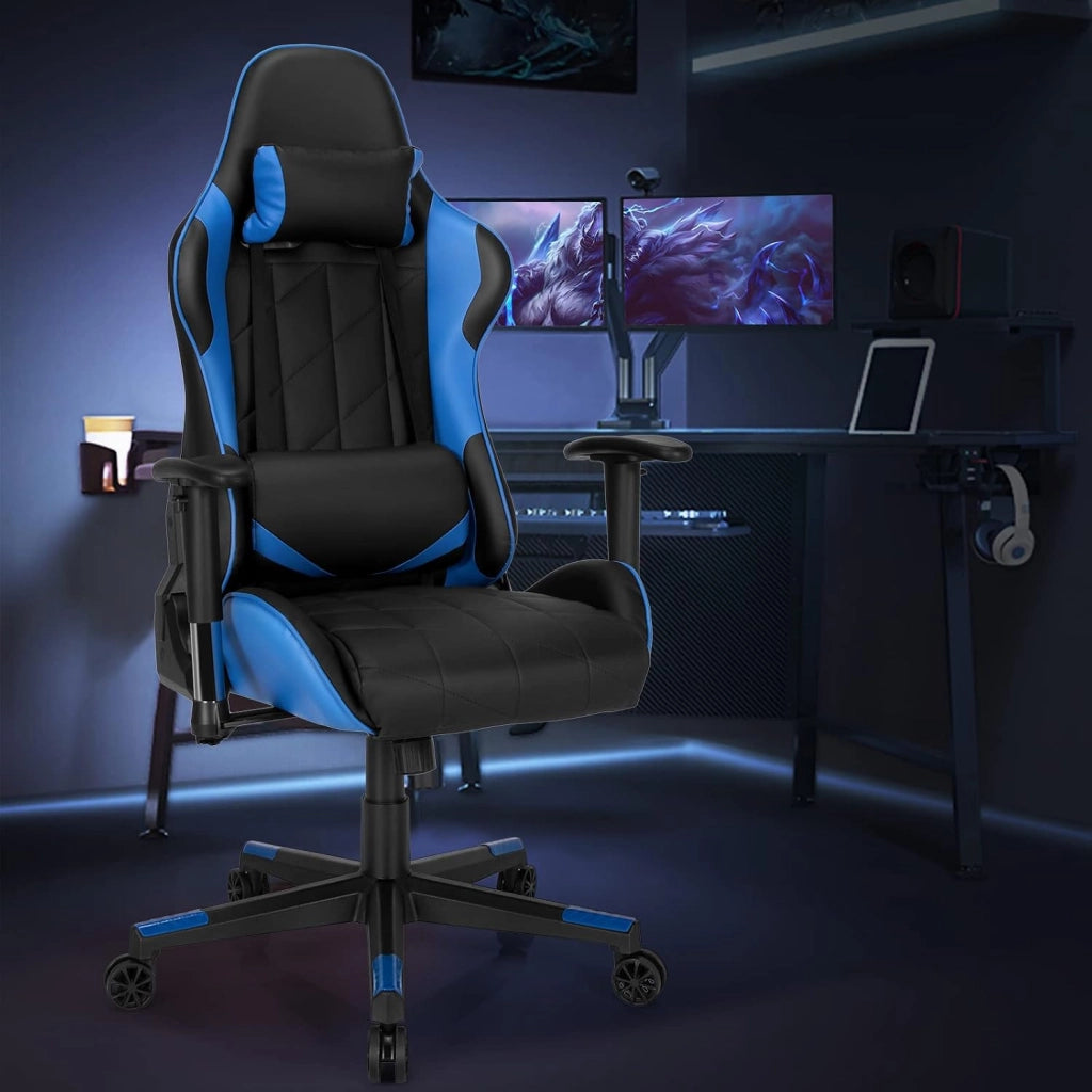 Sedia da Gaming Girevole a 360°, Sedia Ergonomica per Computer per Gaming con Poggiatesta e Cuscino Lombare, Angolo Reclinabile Regolabile (Blu)