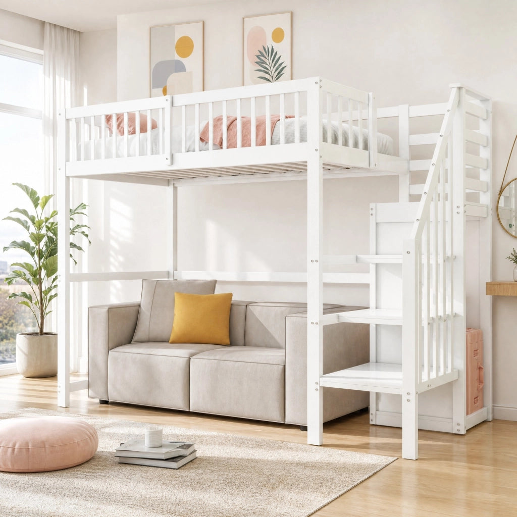Letto a soppalco 90x200 cm in legno massiccio bianco con scala di sicurezza e armadio integrato