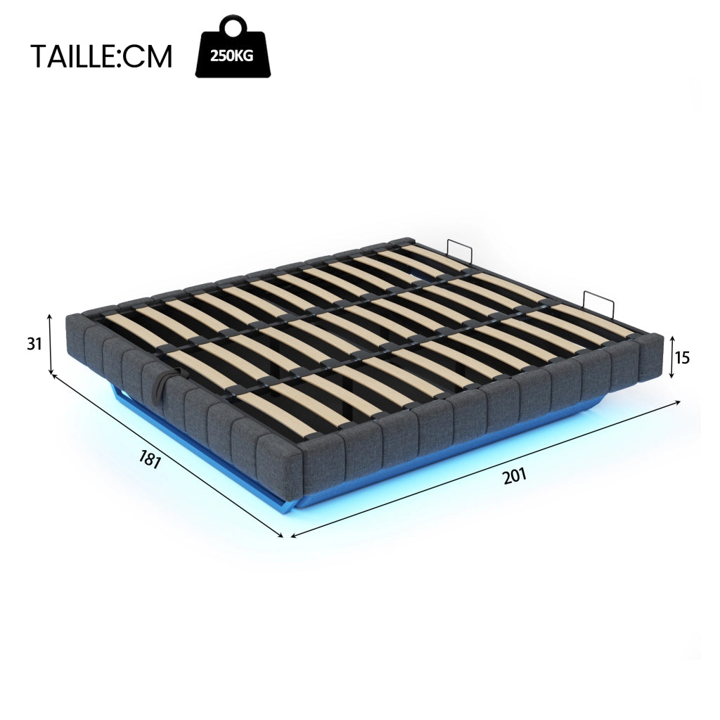 Letto Contenitore 180x200 cm con LED e scomparto nascosto in tessuto imbottito Grigio