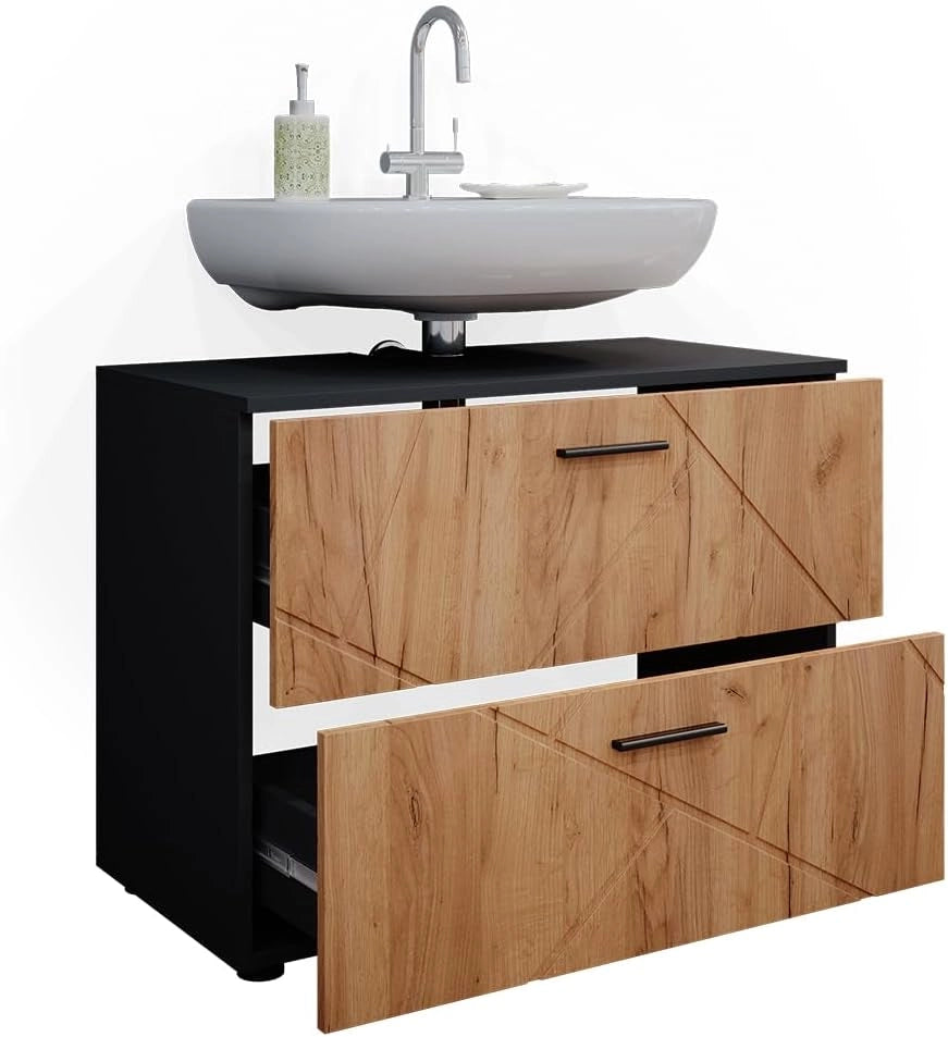 Mobile sottolavabo per bagno Irma, Quercia dorata/antracite, 80 x 58.6 cm, adatto per l'installazione sopra il sifone con aperture di aerazione