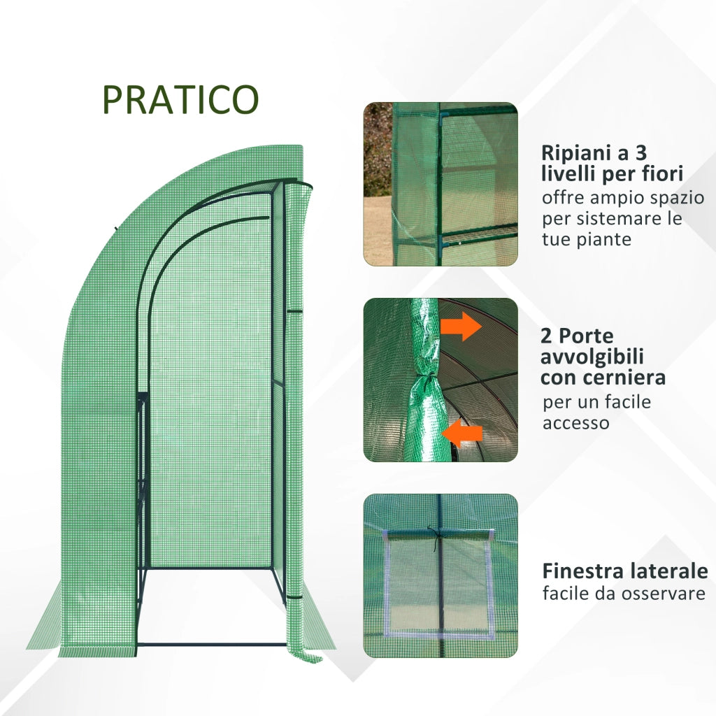 Serra da Parete con 2 Ripiani per Piante e Fiori in Acciaio e PE, 200x100x215 cm, Verde