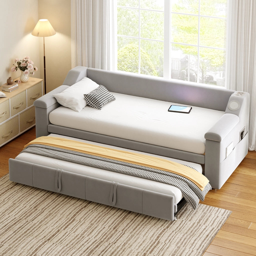 Divano letto imbottito convertibile 90/180x190 cm con Bluetooth, porte USB, vani portaoggetti e rete a doghe, grigio chiaro