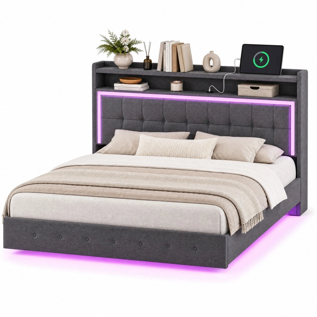 Letto imbottito matrimoniale 140x200 cm con USB e LED; grigio in tessuto effetto lino