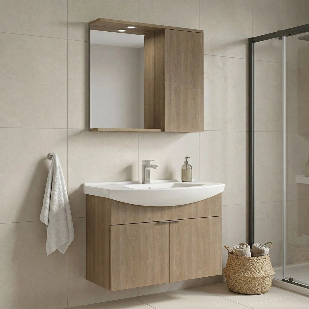 Set mobile lavabo con specchio (2 pezzi) "Purus 80" - 80 x 50 x 58 cm - Rovere
