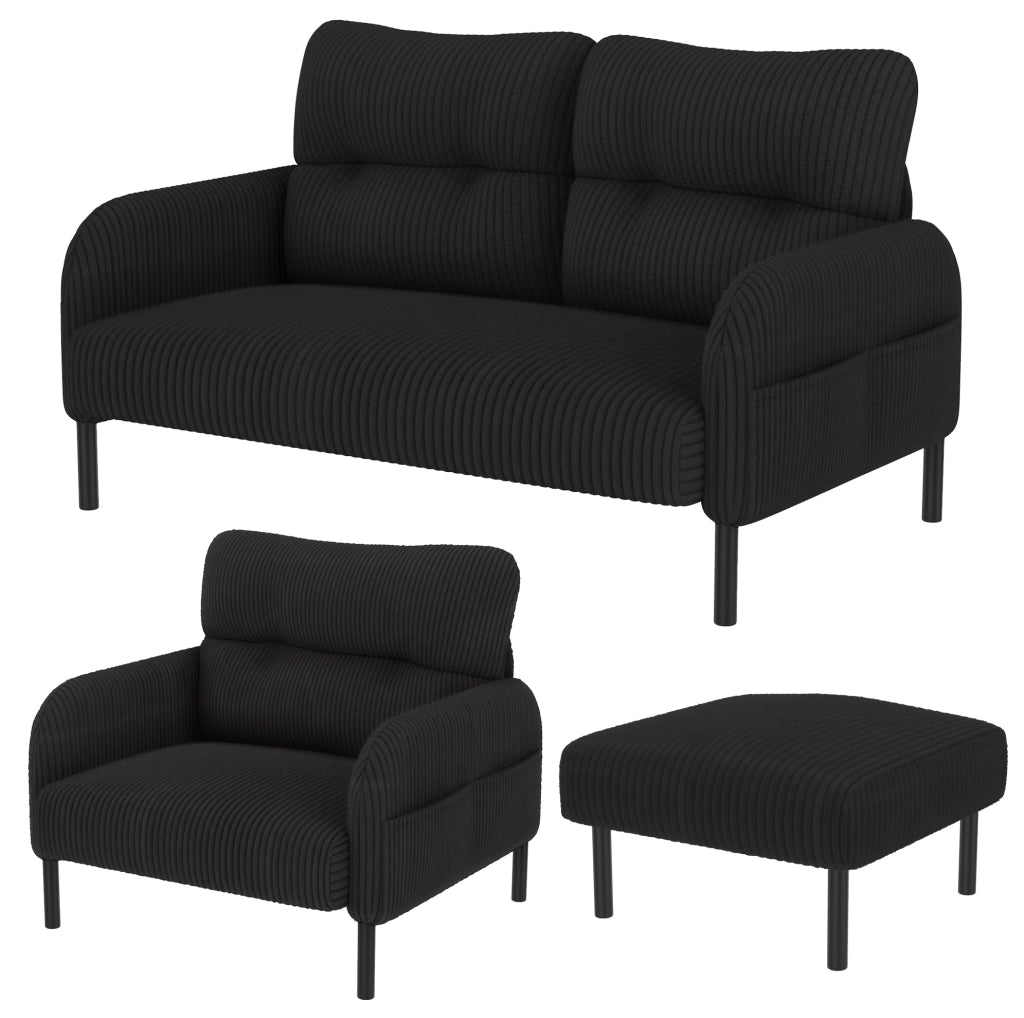 Set divano 3 pezzi con tasca laterale in corduroy nero