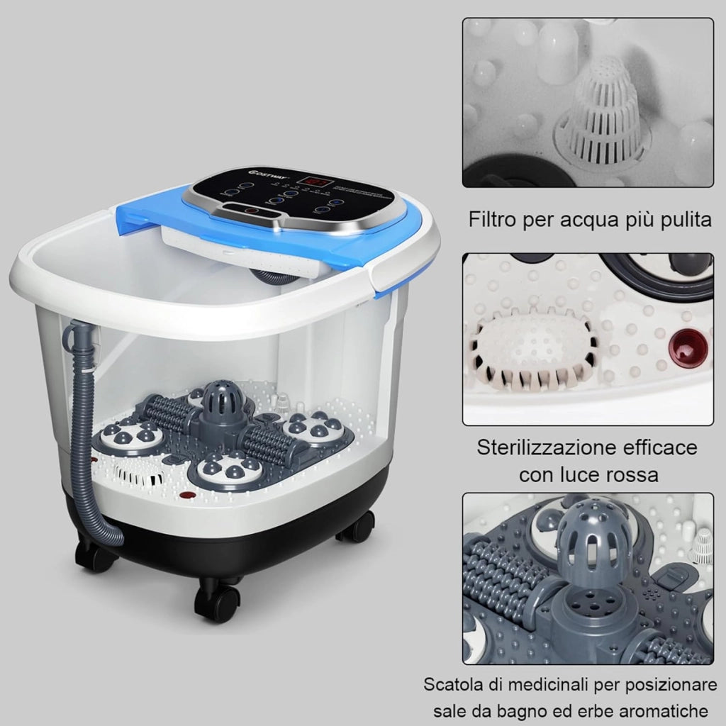 Idromassaggio per Piedi, Pediluvio Massaggiatore Plantare Massaggio Shiatsu, con Funzione Calore Timer e Rulli Luce a Infrarossi, Idromassaggiatore 15L (Blu)