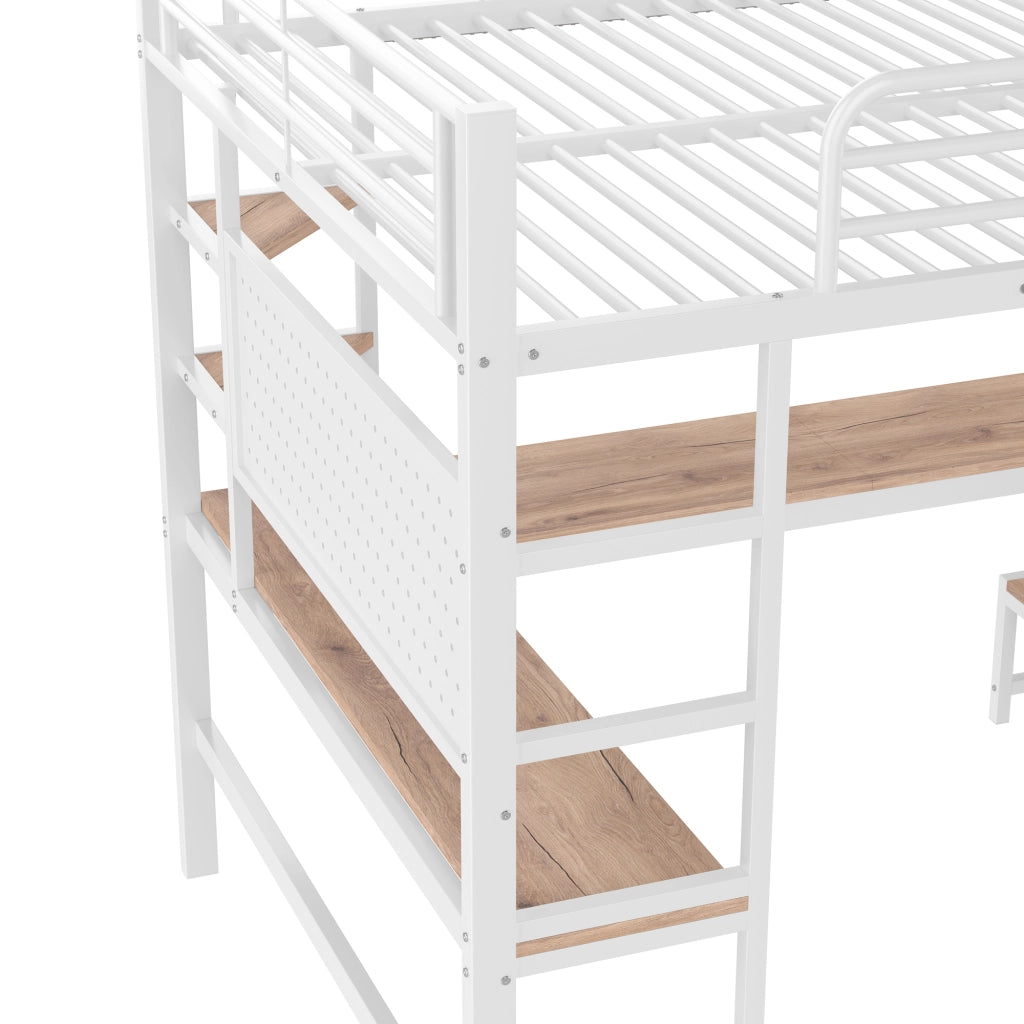Letto a soppalco 140 × 200 cm con scrivania ripiani LED USB Type-C struttura in metallo e MDF bianco