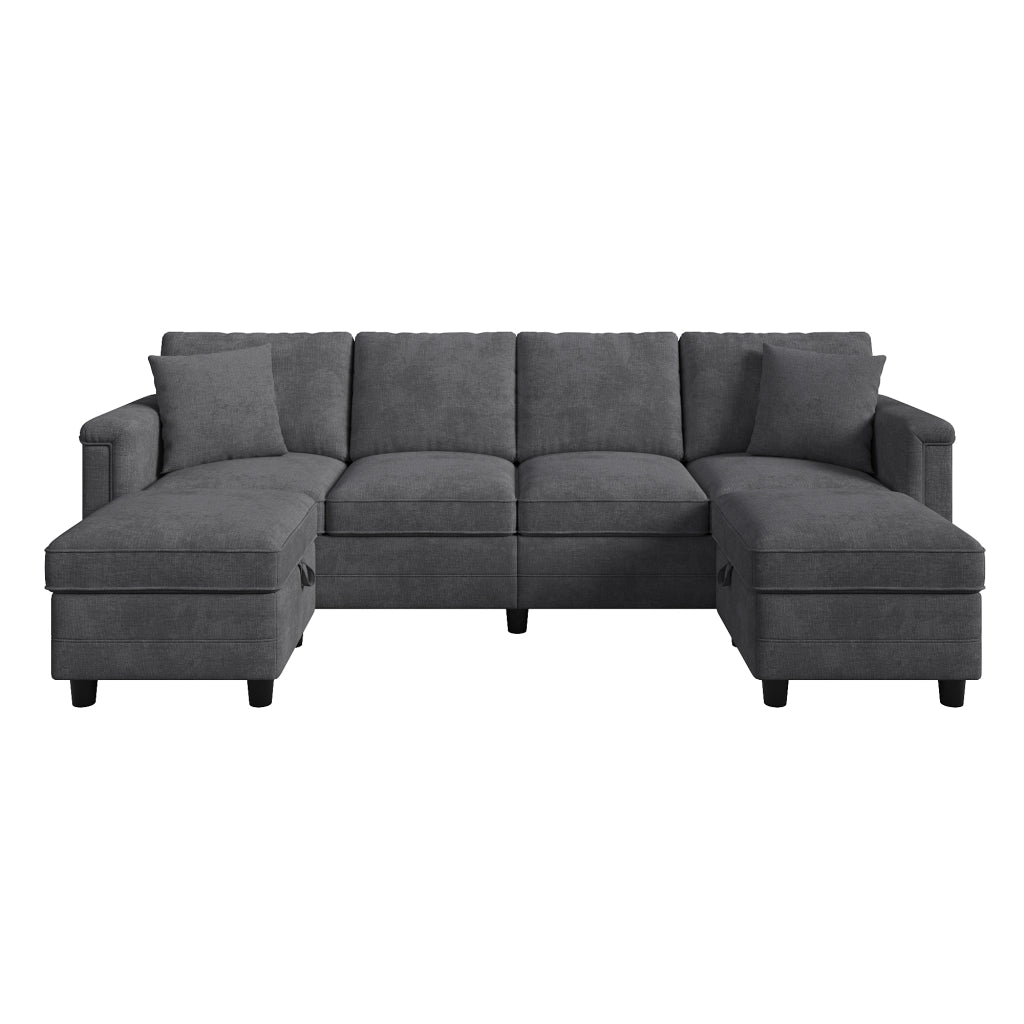 Divano modulare trasformabile a L o U 261x134x82 cm in ciniglia grigio con USB e Type-C