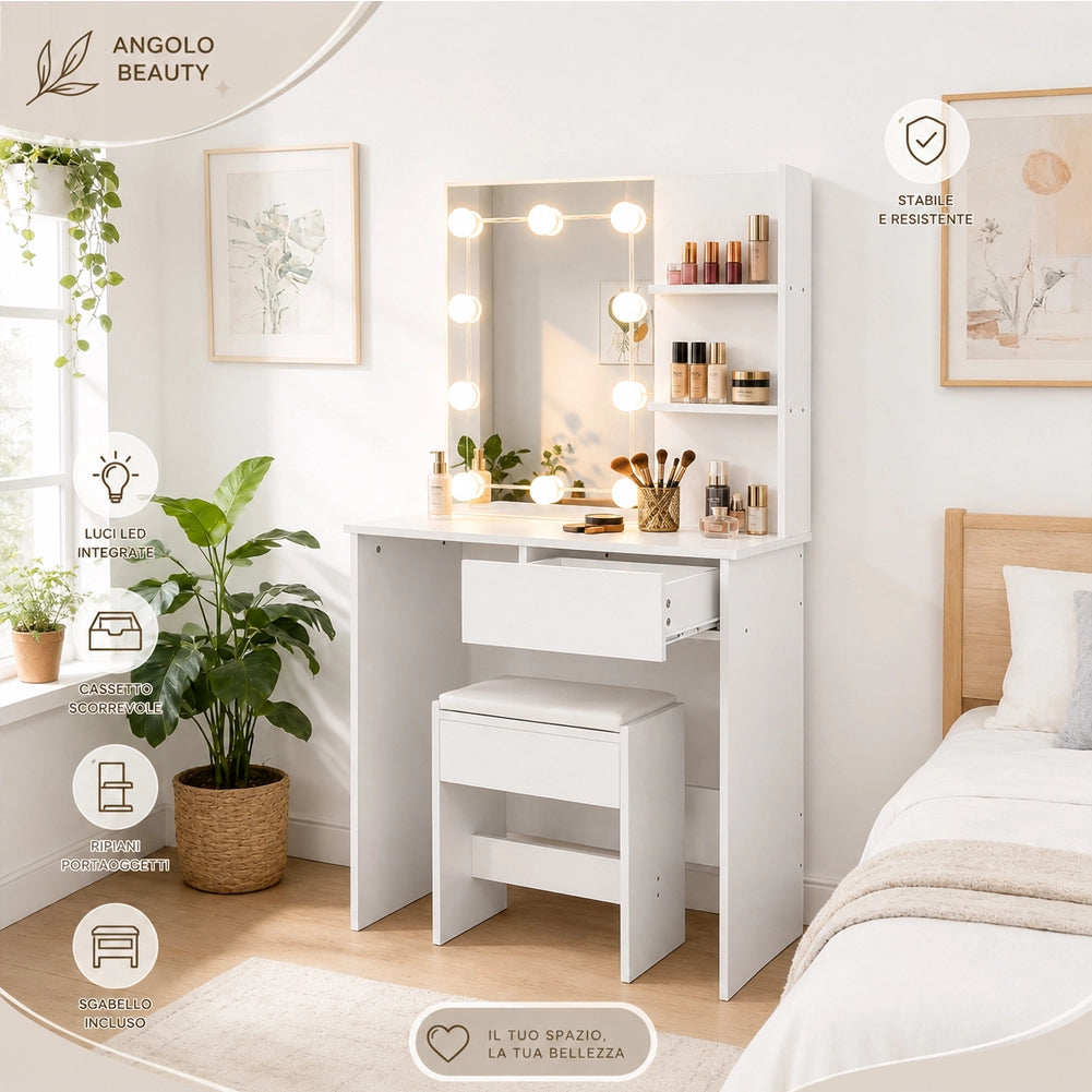 Toeletta Trucco con Sgabello e Luci Led Postazione Makeup Bianca 80x40x140 cm