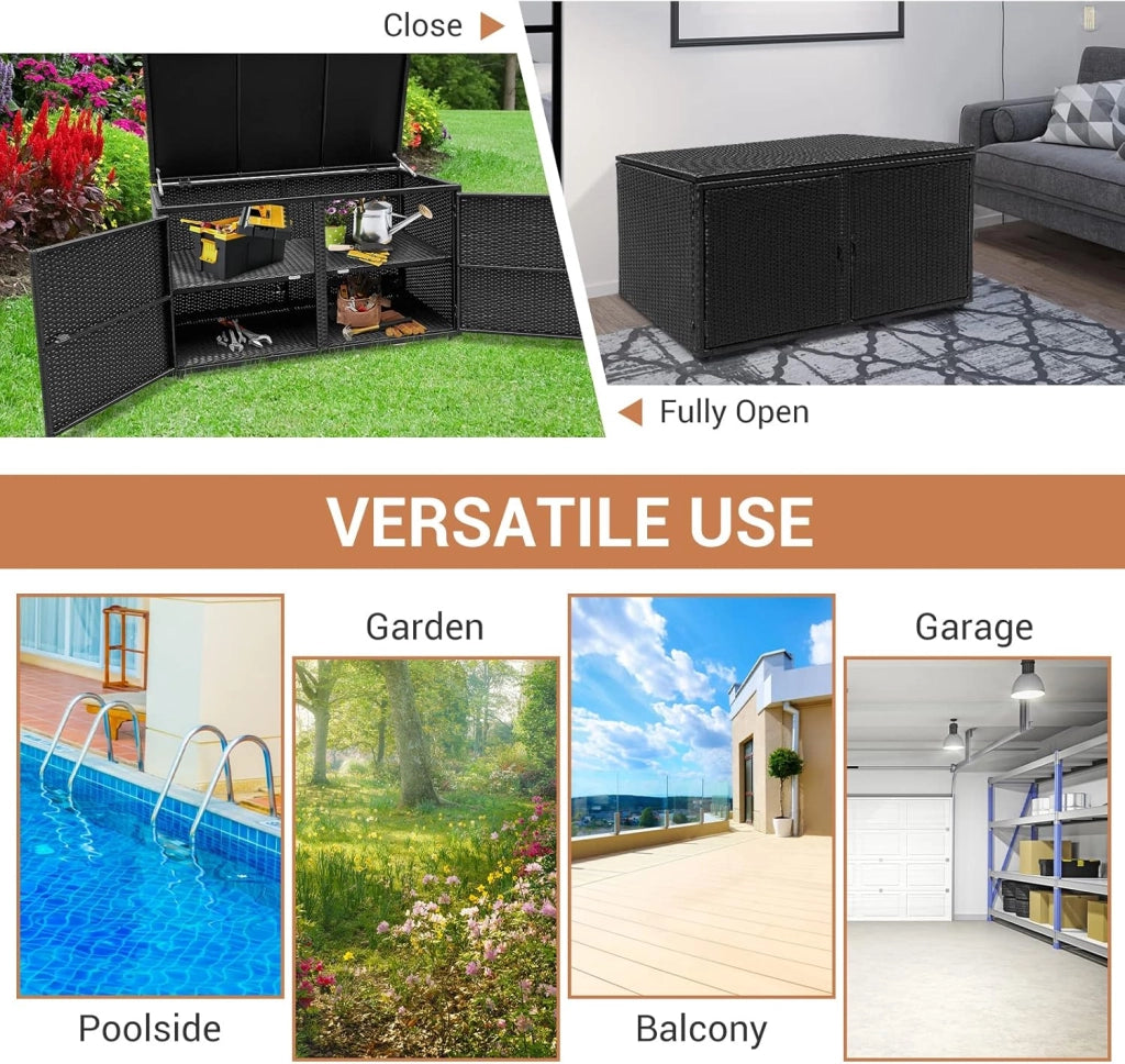 Cassapanca Per Esterni in Metallo e PE Rattan, Ideale Per Tenere in Ordine, 310 L,115 x 60 x 65/120 cm, 2 Colori (Nero)