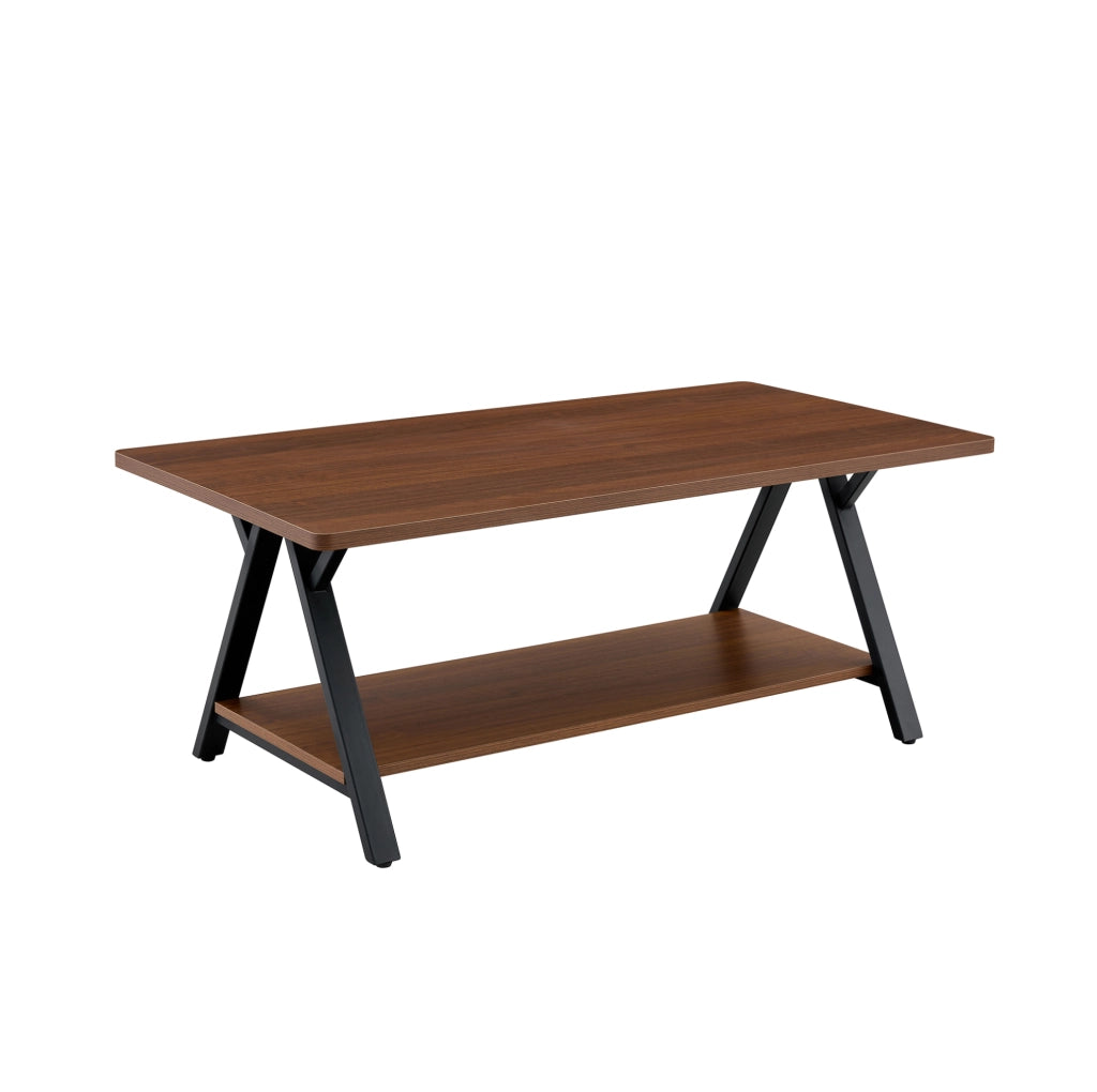 Tavolino da caffè 110x57x44.5 cm con doppio ripiano; MDF e metallo; noce