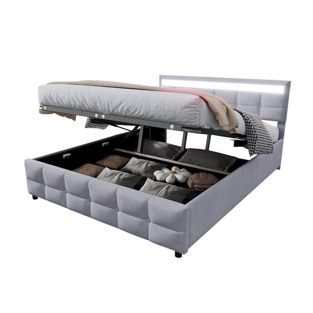 Letto imbottito 180x200 cm con LED e rete a doghe; velluto; grigio