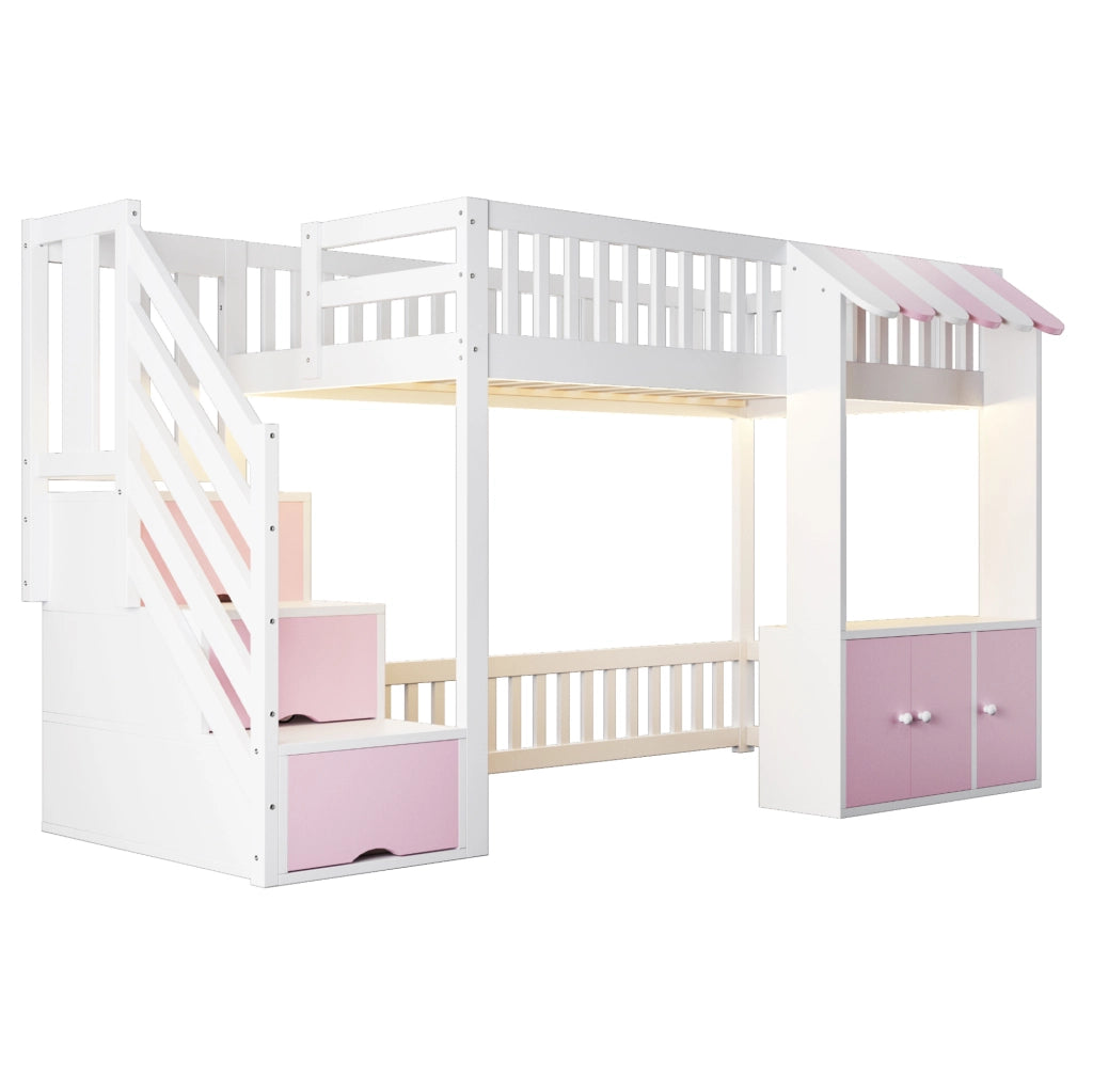 Letto a soppalco ULEVR 90x200 cm con scala a 3 vani, mobili contenitore e LED multicolore, rosa e bianco