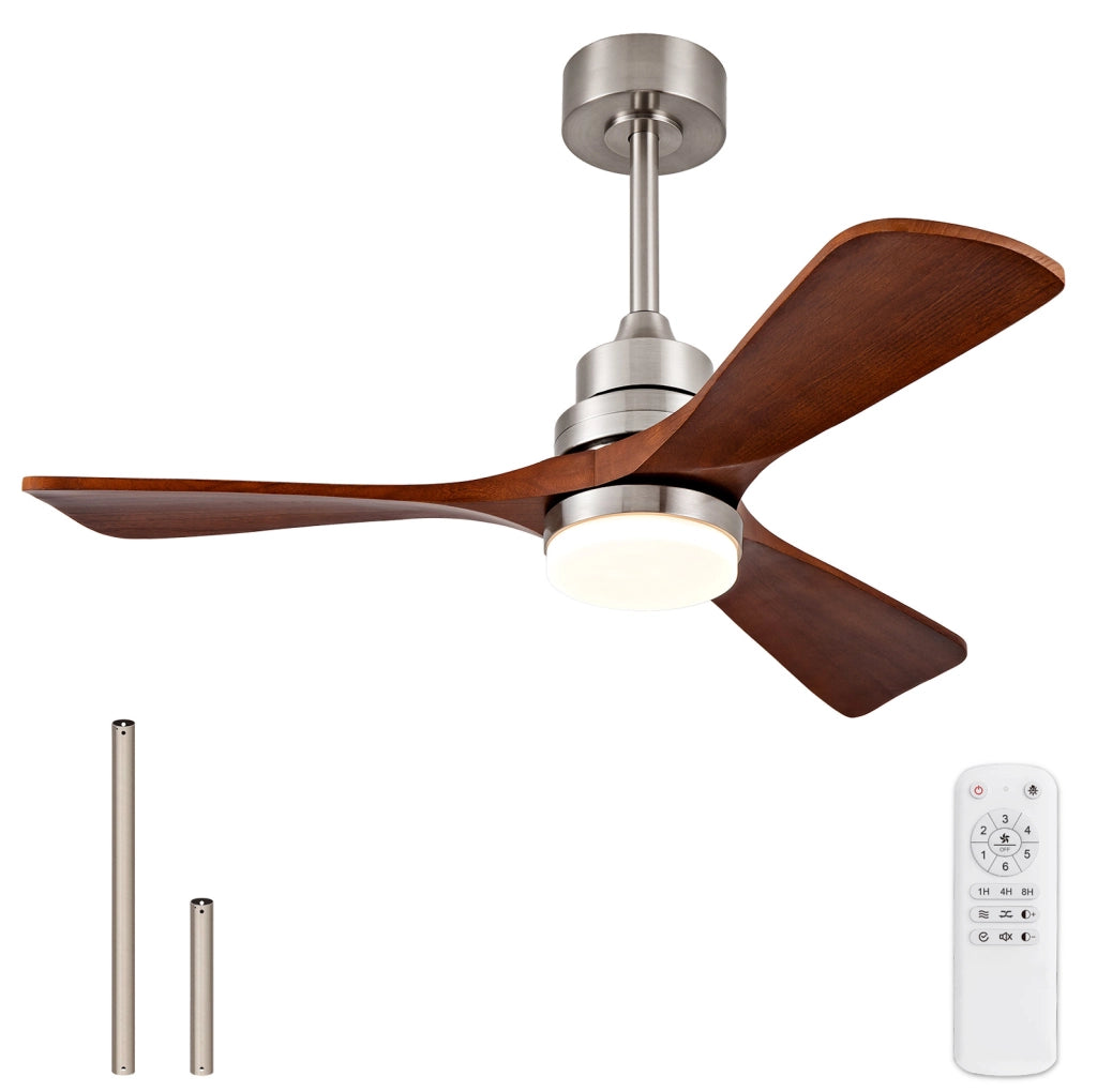 Ventilatore da soffitto con luce e telecomando; 3 pale in legno massello; nickel