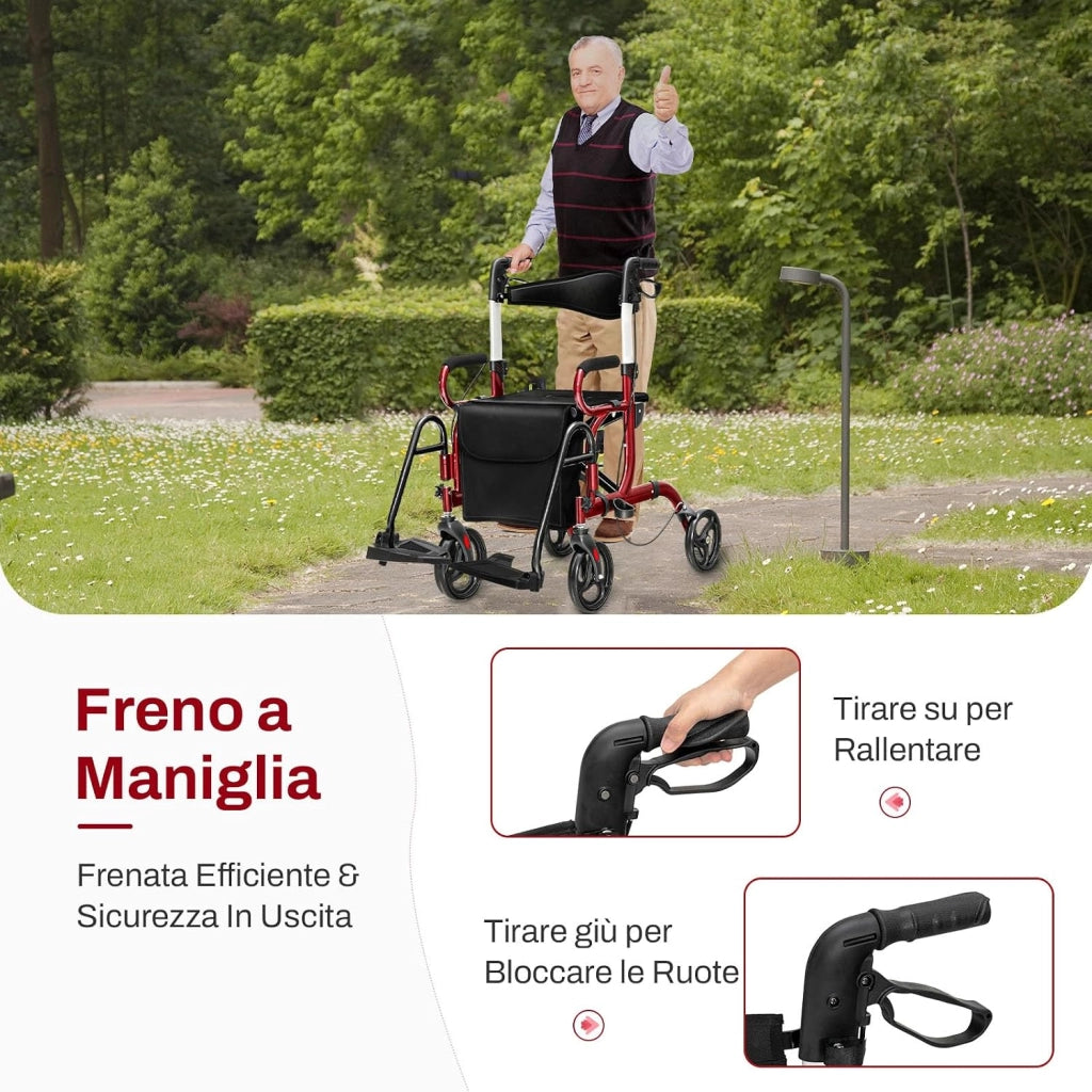 Deambulatore 2 in 1 per Anziani in Alluminio, Rollator Pieghevole e Regolabile in Altezza con Sedia, Schienale Reversibile, Manici Regolabili, Ruote, Poggiapiedi e Borsa Rimovibile (Rosso)
