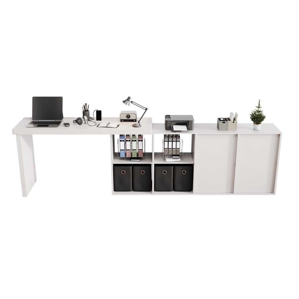Scrivania angolare girevole 360° in MDF bianco con 4 vani, 4 cassetti, struttura 4 cm, 120×48×78 cm + 140×35×74 cm