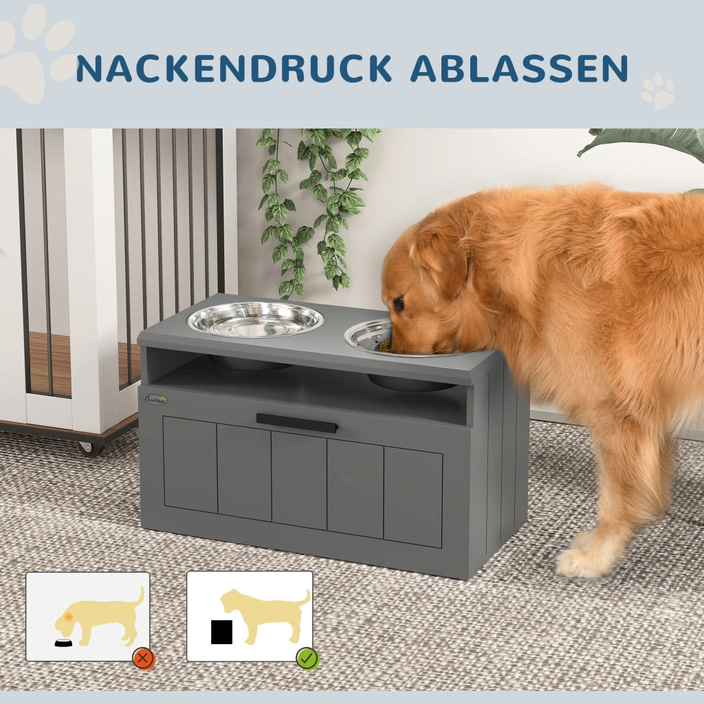 Stazione di alimentazione per cani grandi ¨C Xylo ¨C 2 ciotole acciaio inox, cassetto, grigio MDF