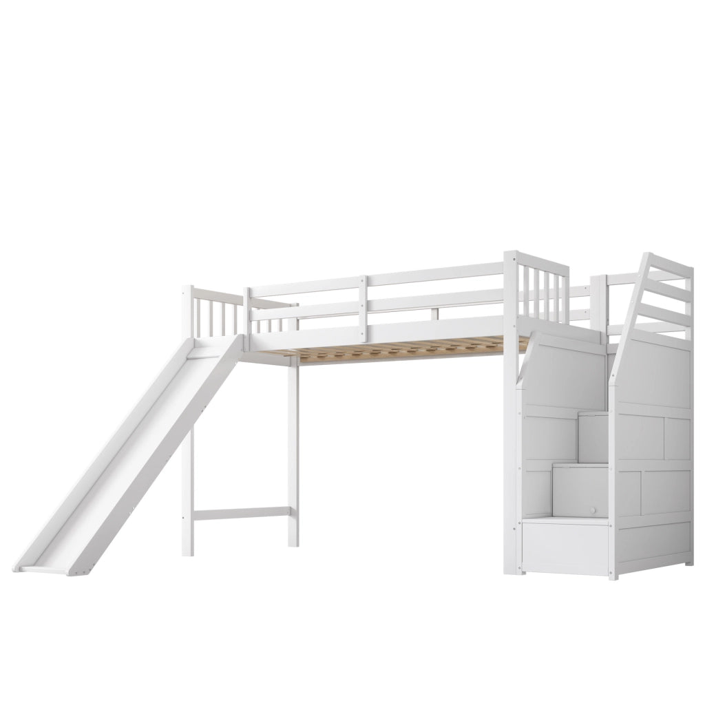 Letto a soppalco 90x200 cm con scivolo e scala portaoggetti in legno bianco