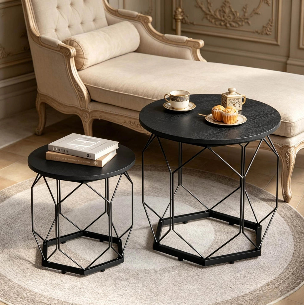Set 2 tavolini da caffè rotondi con piano rimovibile; metallo e legno nero