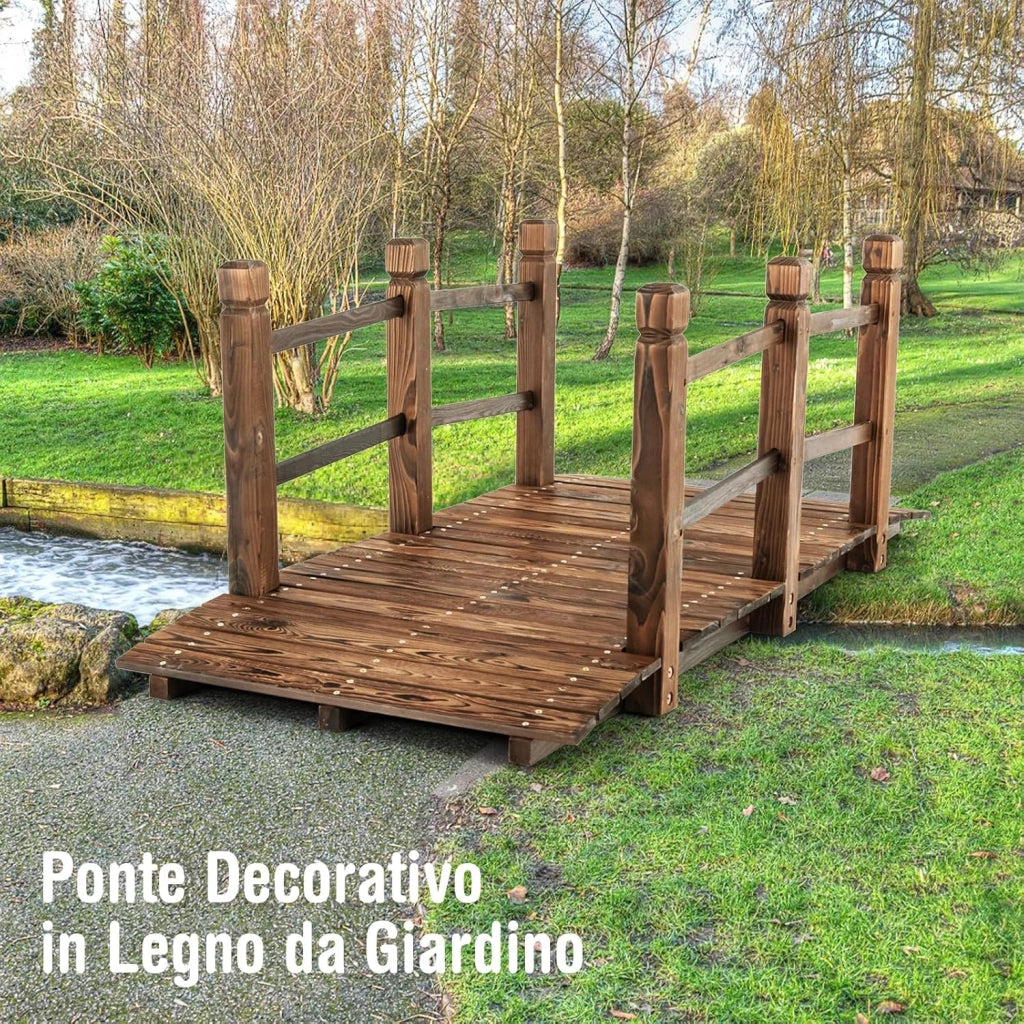 Ponte da Giardino in Legno, Ponte Decorativo ad Arco con Doppie Sbarre di Sicurezza, Struttura in Abete per Percorso Esterno per Cortile, Strada di Ghiaia, Ruscello, Fattoria (Legno)