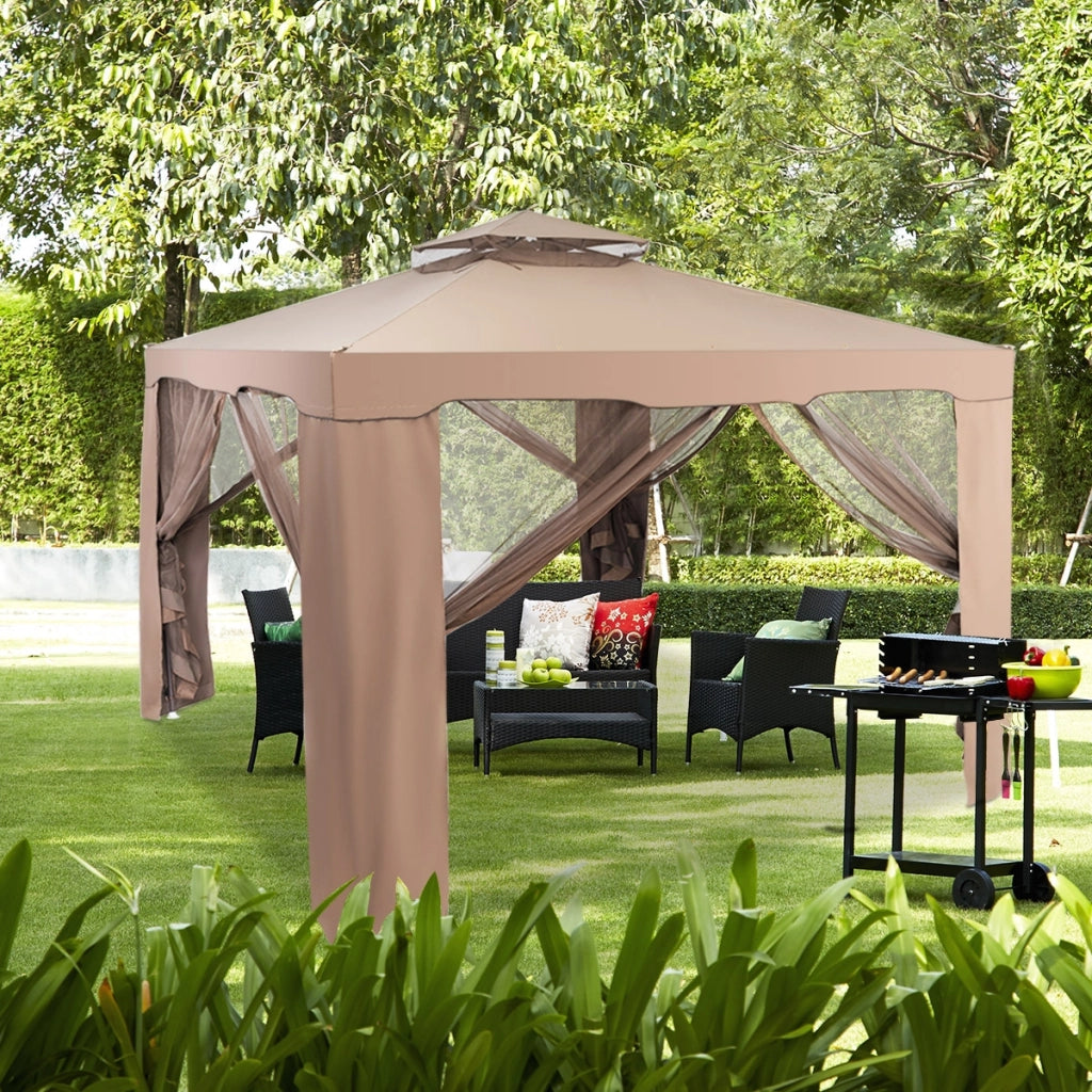 Gazebo a doppio tetto con zanzariera 3x3M da esterno e campeggio Marrone-Gazebo