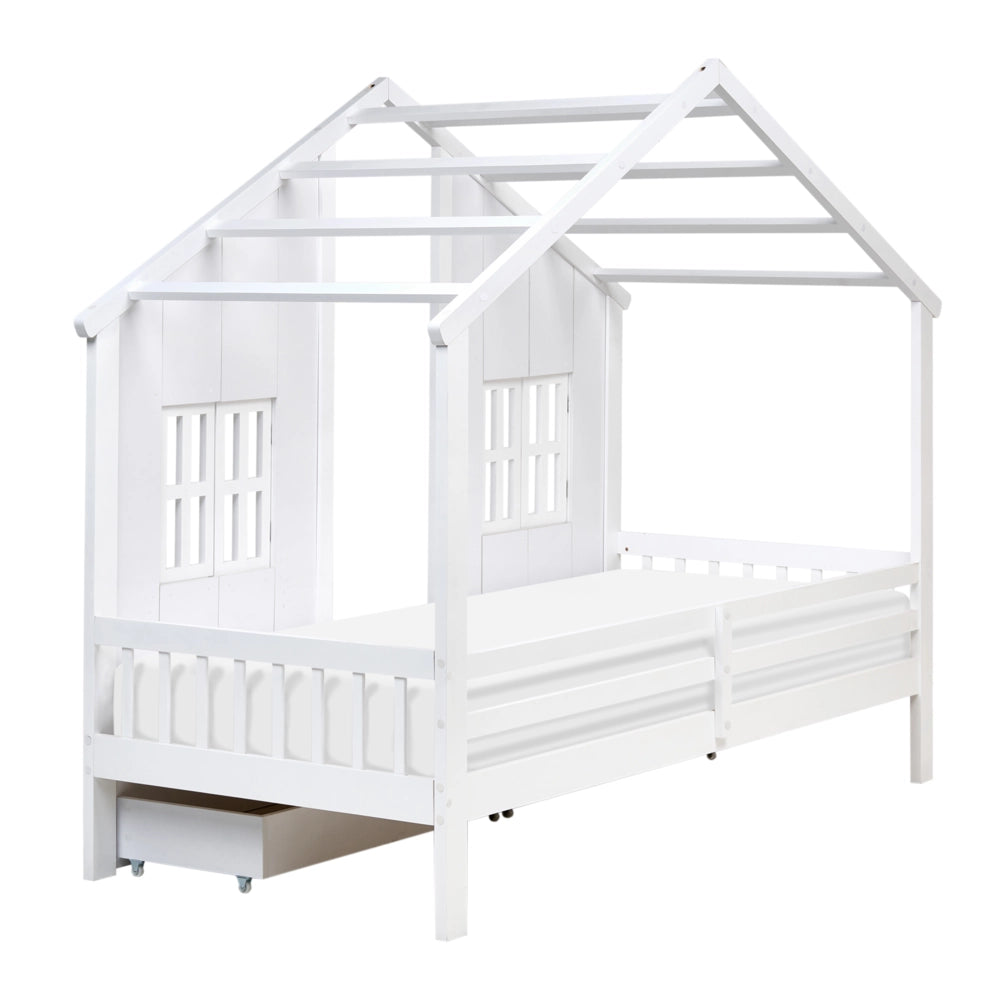 Letto in legno di pino per bambini a forma di casa con cassetti bianchi 90 x 200 cm cameretta