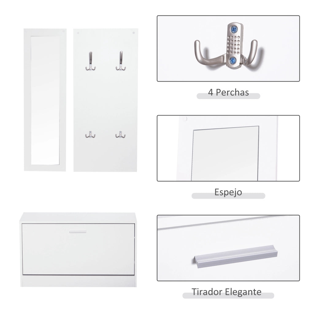 Set di Mobili per Ingresso 3 Pezzi Scarpiera Specchio Appendiabiti con Ganci ¨C Zephmum ¨C 80x27x46,5cm Bianco