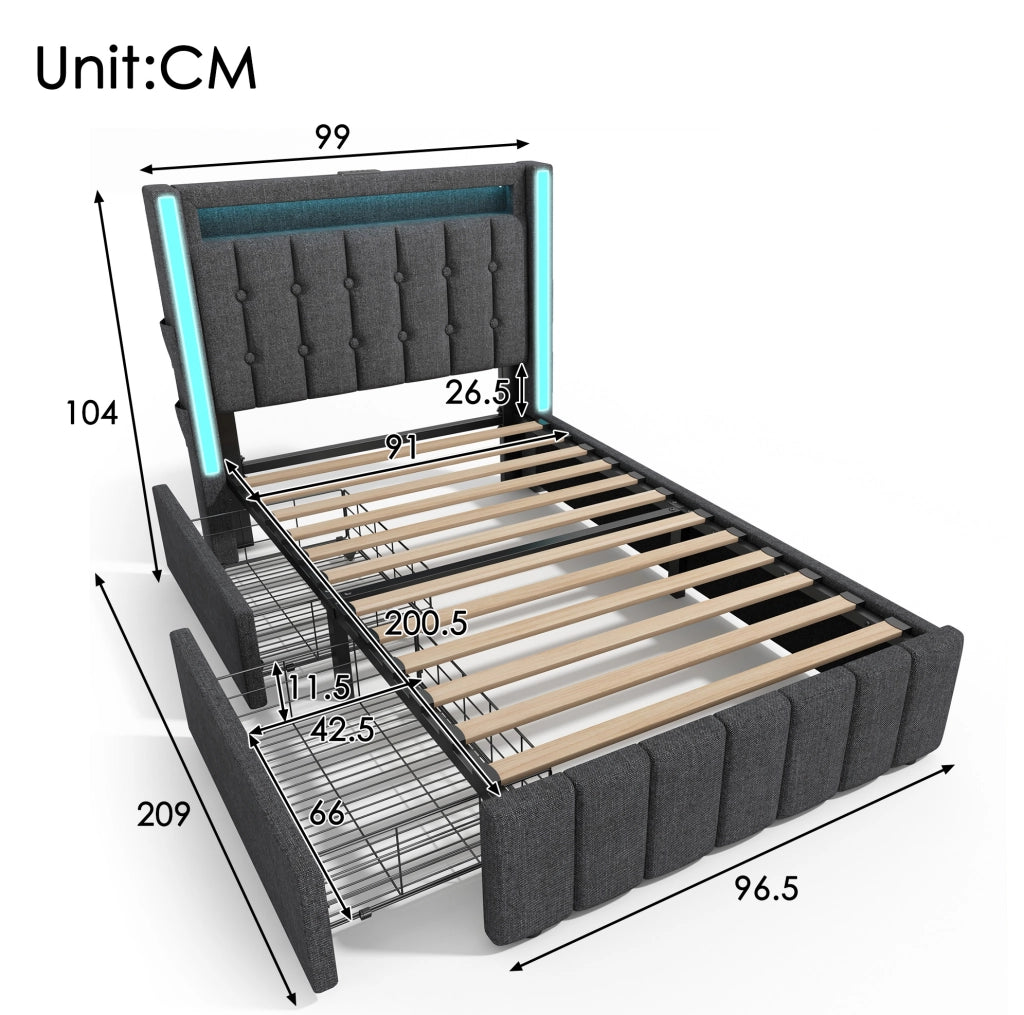 Letto contenitore 90x200 cm in lino grigio, USB Type-C, LED, senza materasso