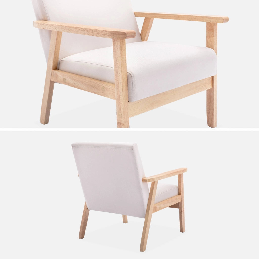 Poltrona scandinava in legno e tessuto, crema