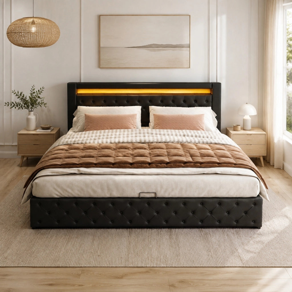 Letto imbottito matrimoniale 180x200 cm con LED, rete a doghe e vano contenitore, nero in PU