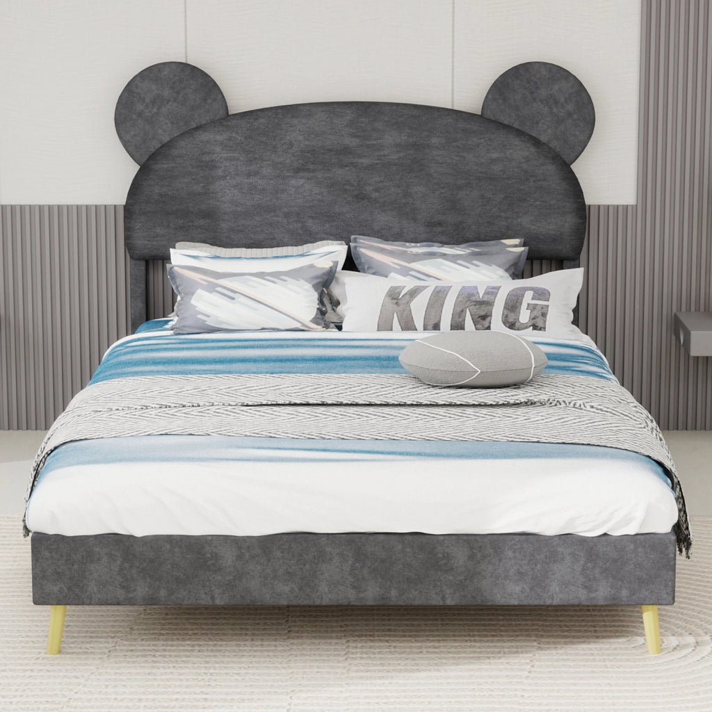Letto per Bambini 140x200 cm; Letto Singolo - Testiera Orso; Angoli Arrotondati - Grigio