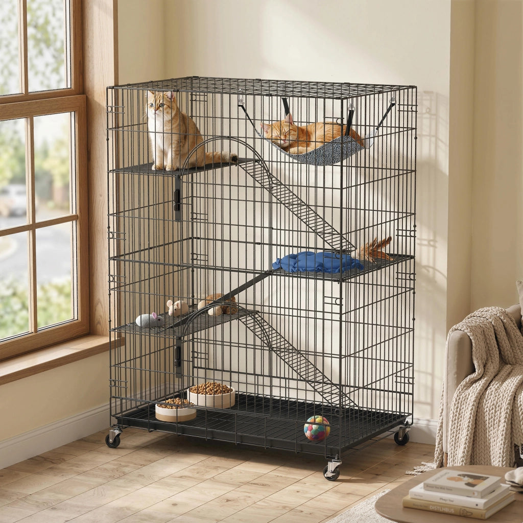 Gabbia Gatti a 4 Livelli con Amaca. Letto. Rampe e Piattaforme in Metallo con Ruote e Vassoio Estraibile. Nero