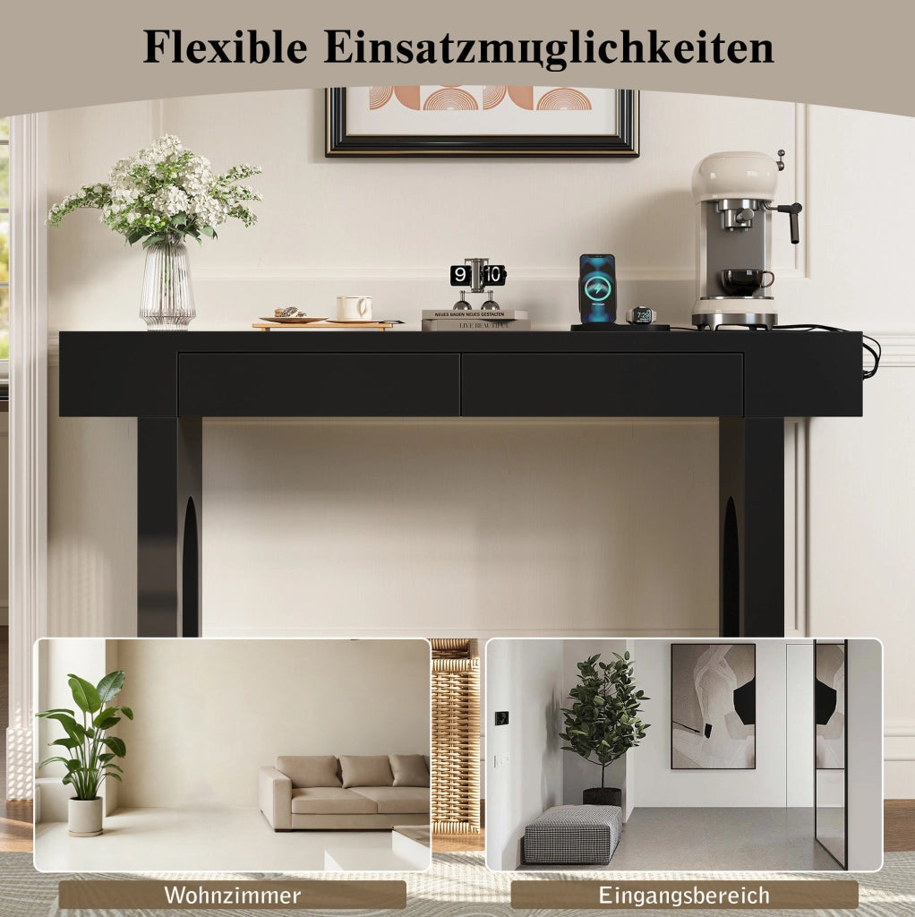 Tavolo consolle con 2 cassetti e multipresa USB/Type-C 120x35;5x76;5 cm in MDF nero
