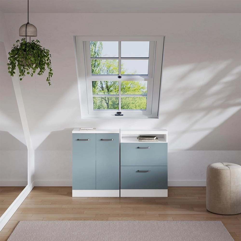 Set di mobili sottotetto Rion, Grigio-blu, 120 cm Set di 2 carcasse armadio profondità 60 cm, adatto per il salvaspazio sotto tetti spioventi