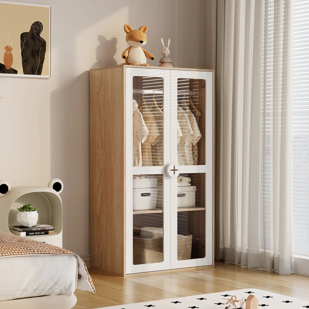 Scaffale a 2 moduli con ante in acrilico e barra appendiabiti regolabile in MDF bianco e naturale 80 × 50 × 150 cm