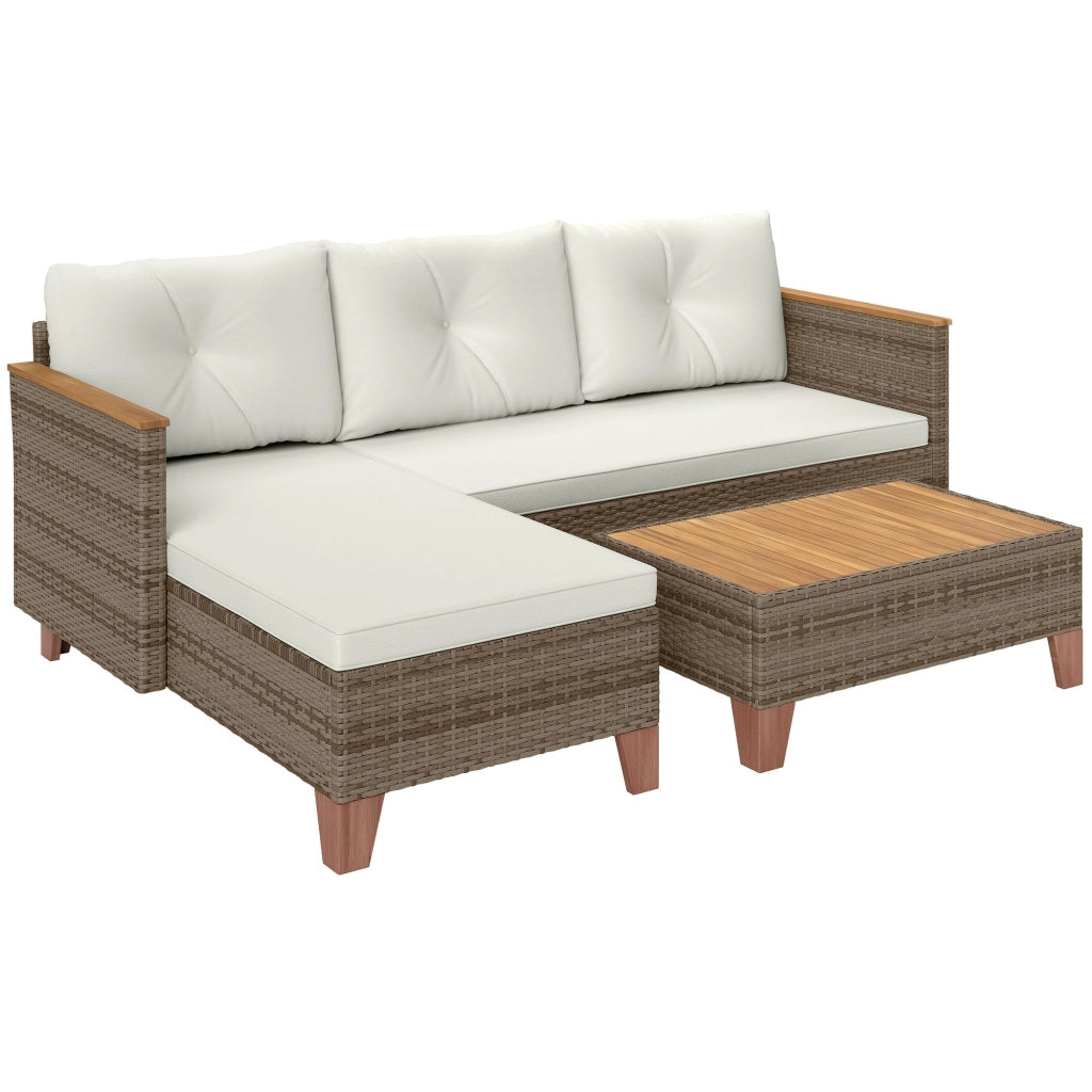 Set Salotto da Giardino Divano 2 Posti con Chaise Longue e Tavolino  in Rattan PE Crema