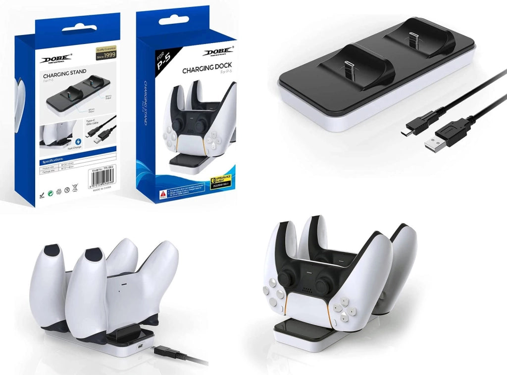 Dobe Stazione di Ricarica Rapida per 2 Controller PS5 DualSense - Caricatore Doppio Portatile USB-C Bianco/Nero