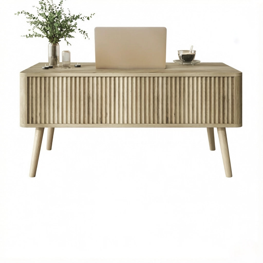 Tavolino da salotto alzabile con 2 vani nascosti; piano regolabile e angoli arrotondati; in MDF e pino; rovere