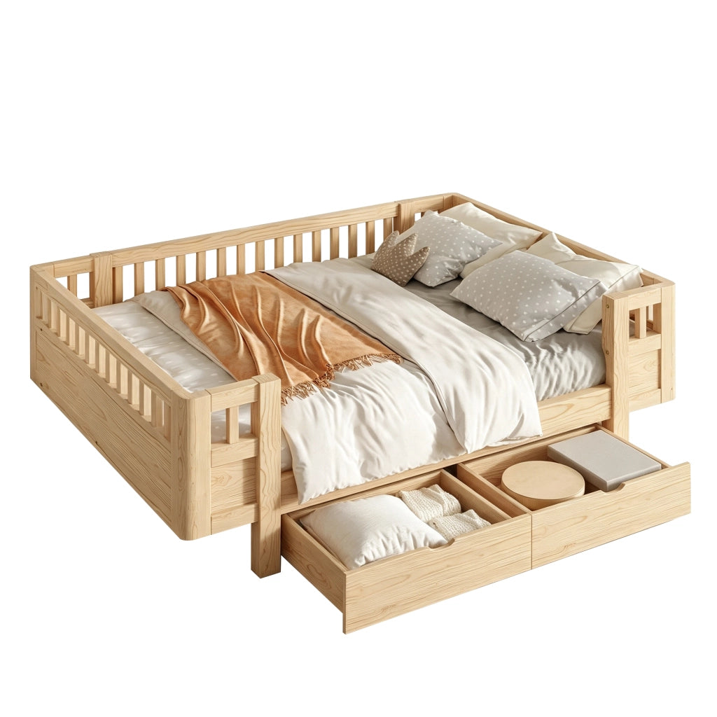 Letto per bambini in legno massiccio con sponde protettive e due cassetti, finitura legno 140 × 200 cm