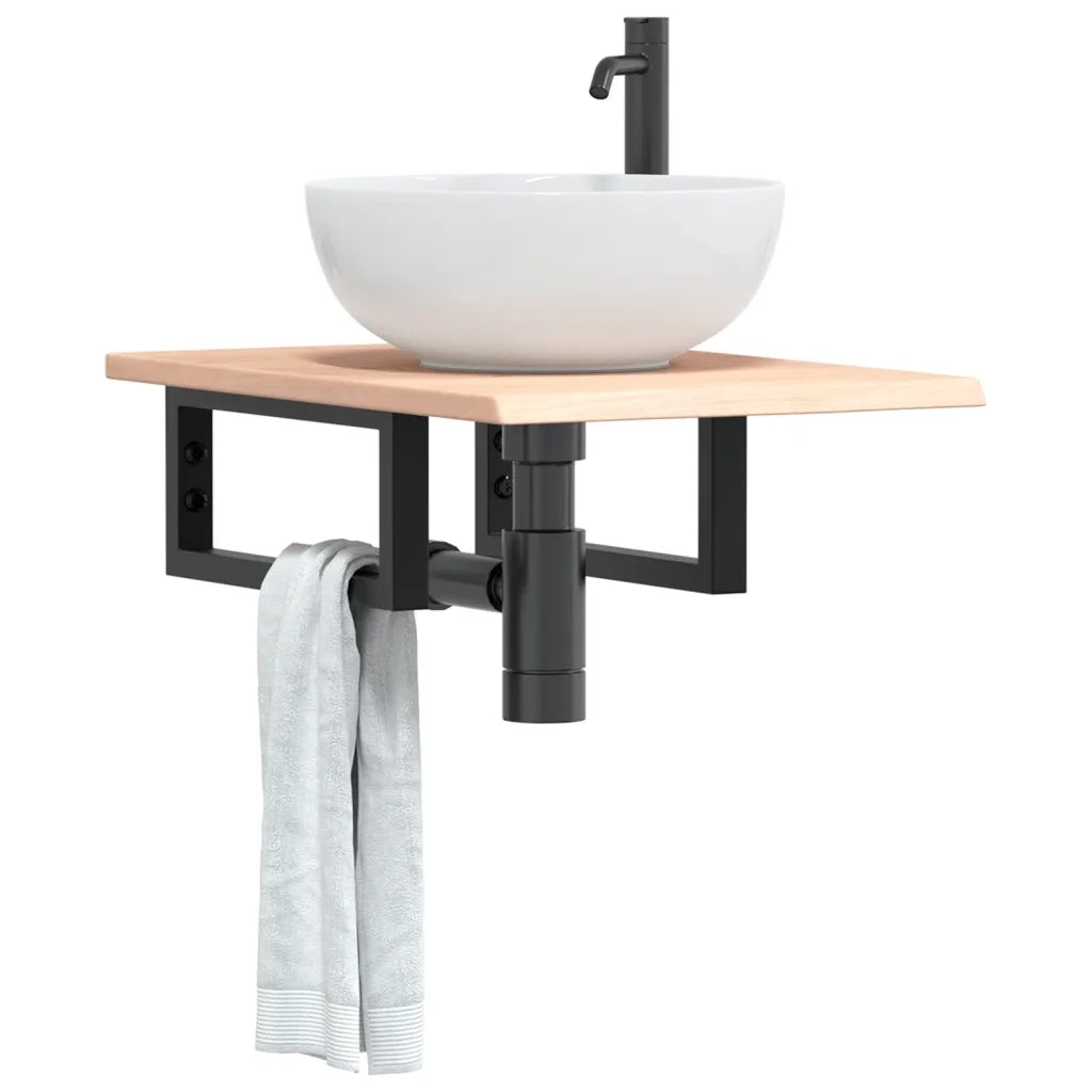 Ripiano a Parete per Lavabo-Mensole a Muro in Acciaio e Massello di Rovere 628645