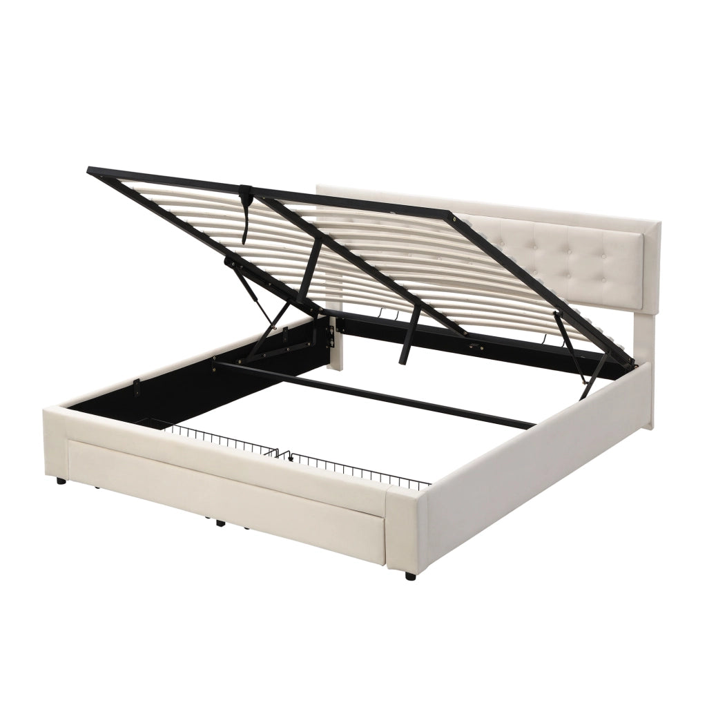 Letto contenitore 180x200 cm con testiera regolabile; in velluto beige