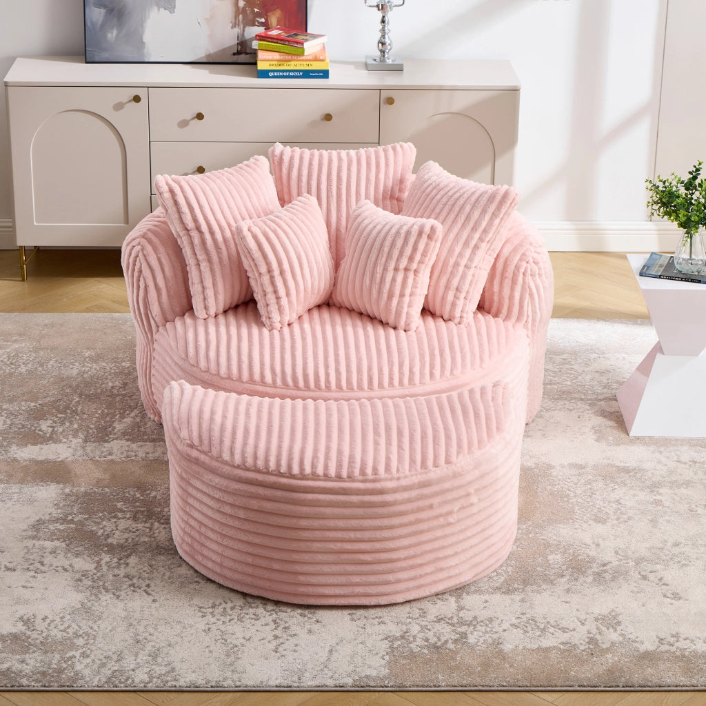 Poltrona relax rotonda con poggiapiedi e 5 cuscini in ciniglia rosa 168 × 123 × 63 cm