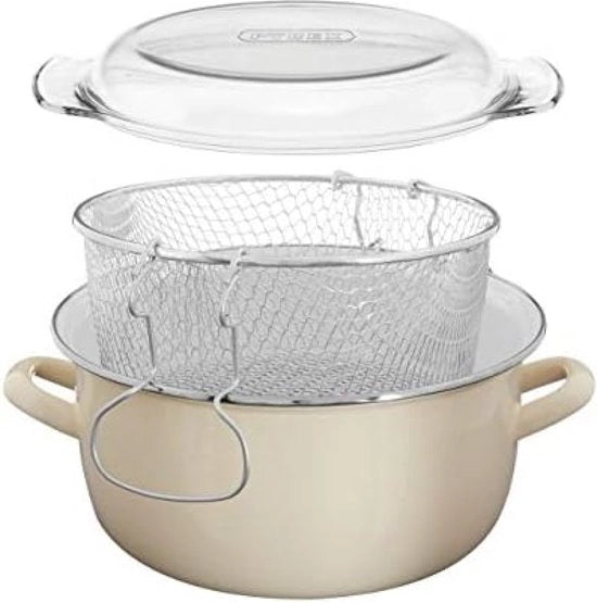 Fritteuse 5L con coperchio vetrato e maniglia, piastra fritto ad argilla refrattaria, capacità 5L, dimensioni 16x33x27 cm