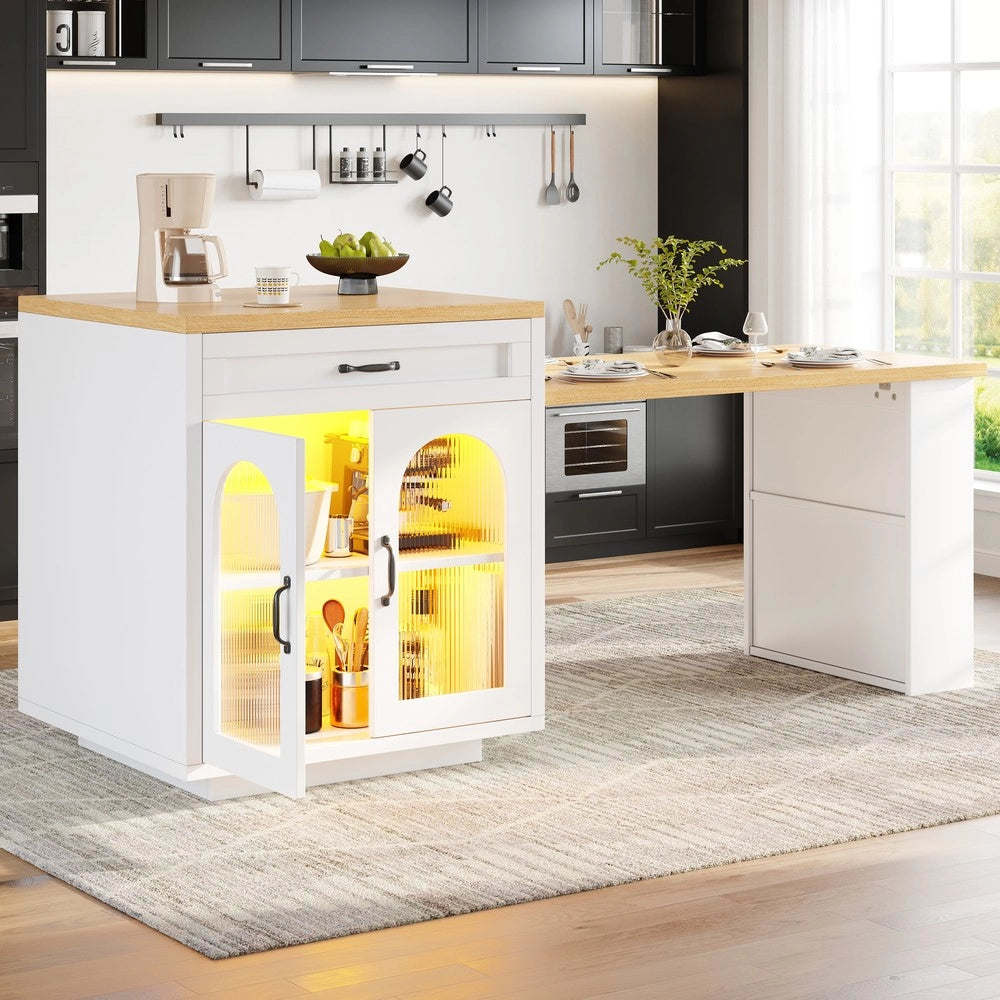 Isola Cucina Allungabile con LED ¨C Xylo ¨C MDF, Cassetti, Ante in Vetro
